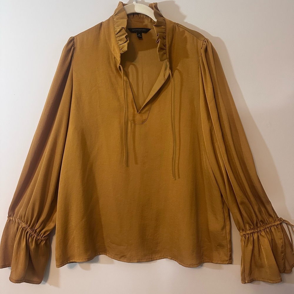 Banana Republic Womens Long-Sleeve Ruffle Tie-Neck Blouse Mustard Size M Office